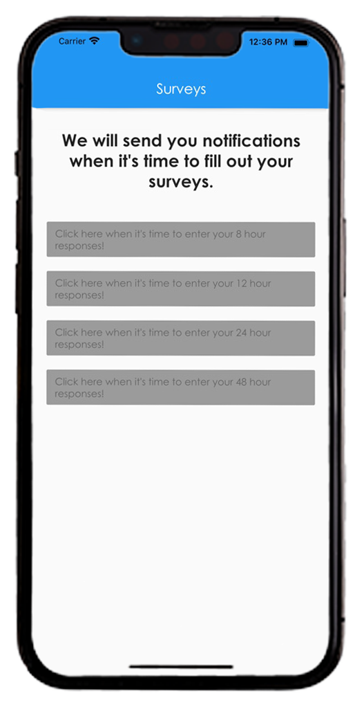 Example of the AlertYa app on a smart phone, displaying the page which alert people when it's time to fill out their survey